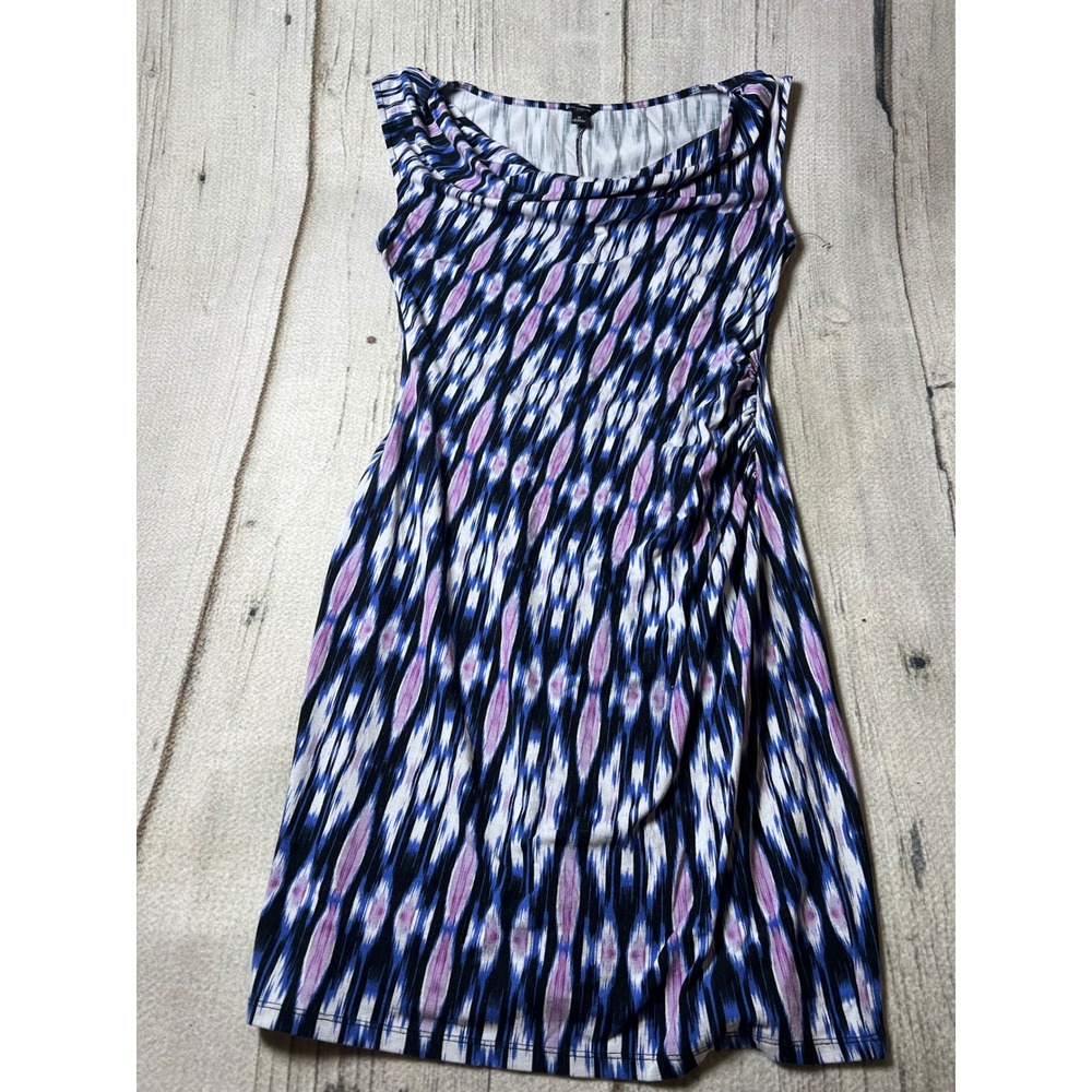 Ann Taylor Sheath Dress Womens Medium Blue Purple Ikat Cowl Neck Ruched Chic
